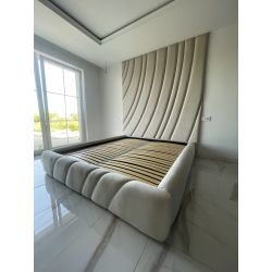 Zestaw łóżka tapicerowanego EUROPA z przeszyciami 160x200cm z panelami ściennymi FALA