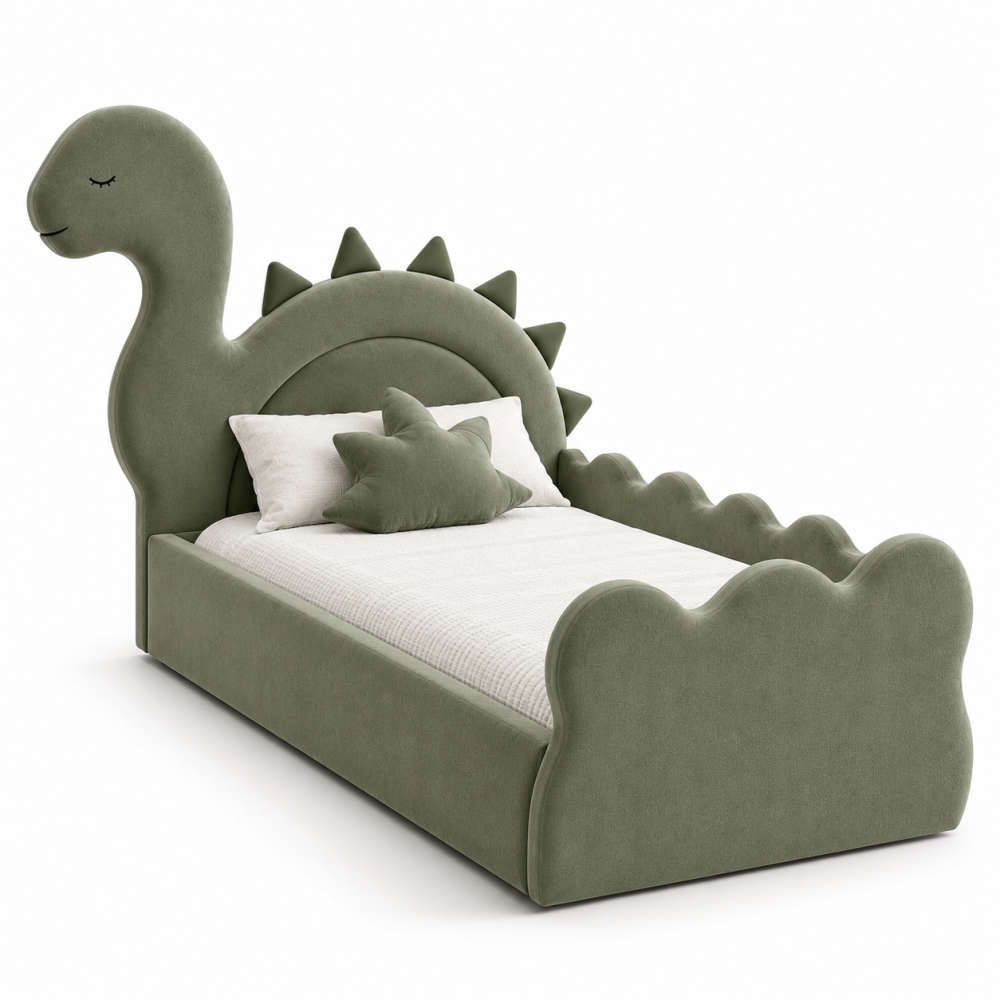 ŁÓŻKO DZIECIĘCE TAPICEROWANE DINOZAUR Z ZAGŁÓWKIEM